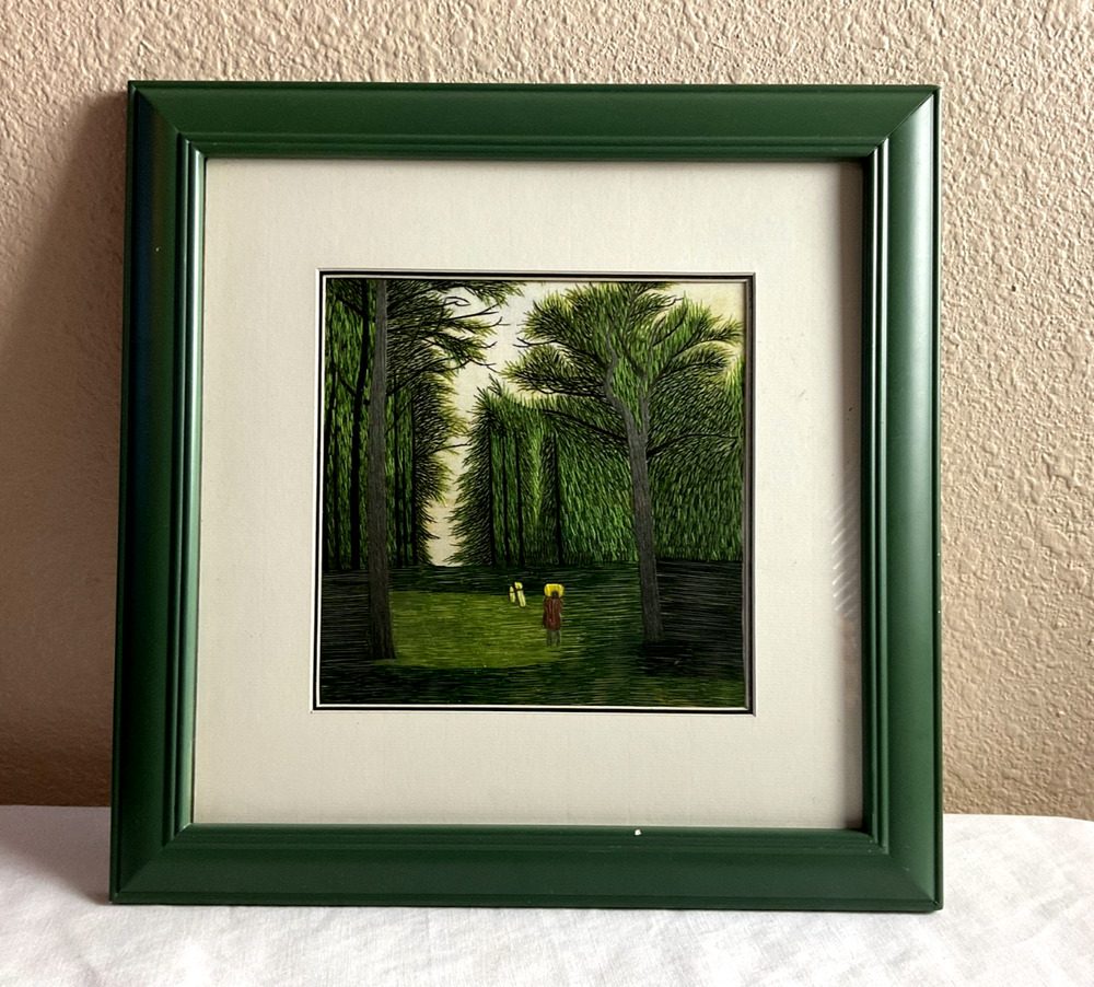 Vintage Silk Embroidery Painting Forest Landscape Art Framed Green Wood Unsigned